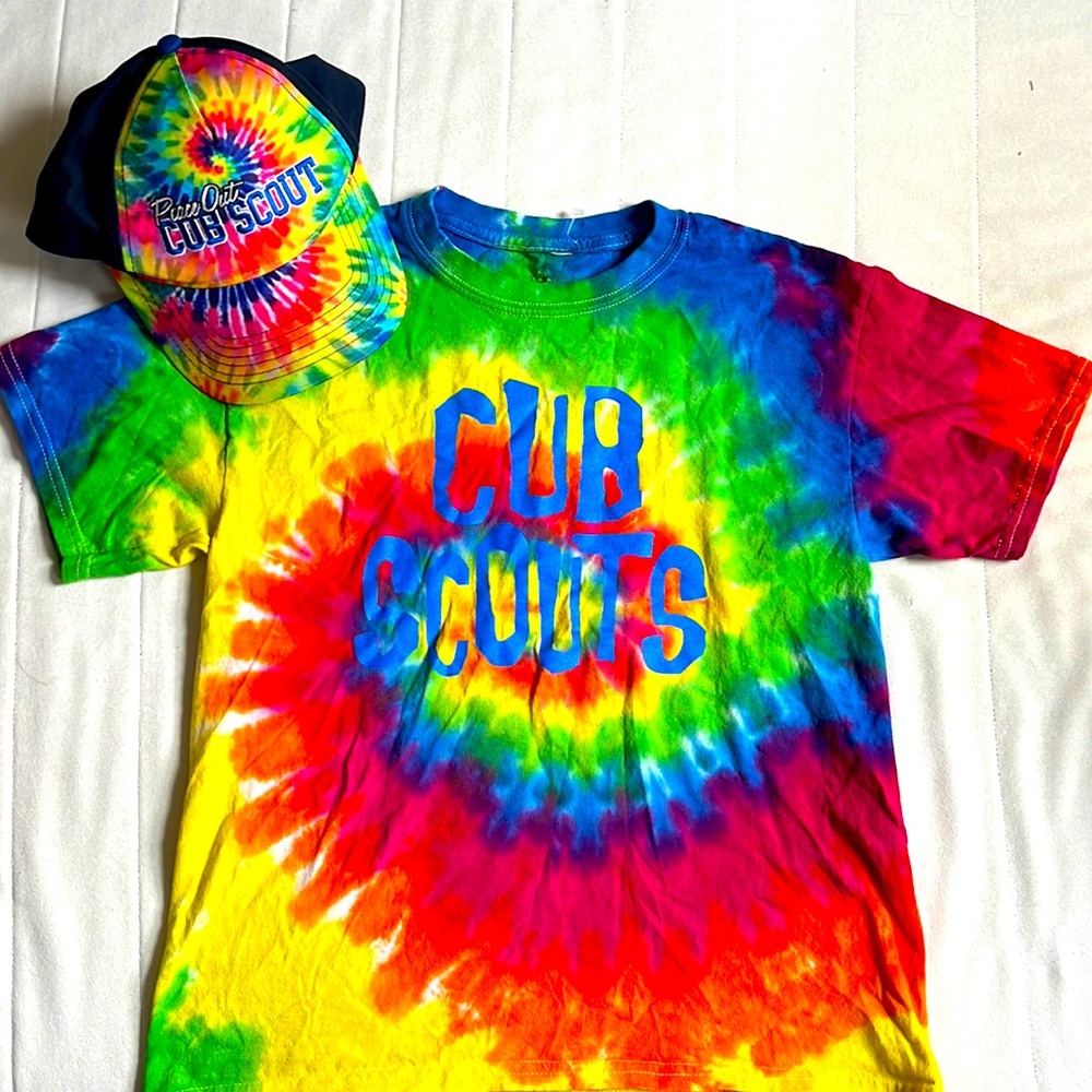Cub Scout tie dye shirt (youth medium) & baseball cap. Boy Scouts brand.
